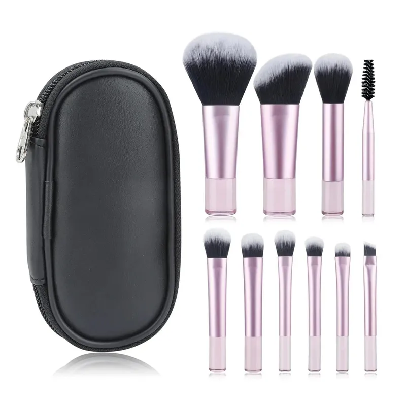 10pcs Pink Makeup Brush Set for Beginners Mini Portable Foundation Eyeshadow Brushes with Crystal Handle Includes Brush Pouch — image 10