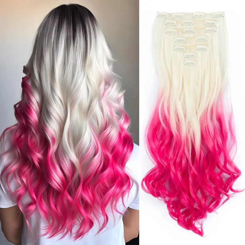 Clip in Long Wavy Synthetic Hair Extension 22 Inch 7PCS Thick Hairpieces Fiber Double Weft Hair for Women — image 2