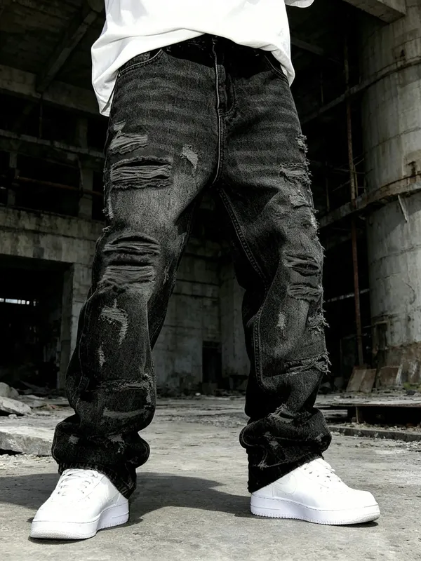 Men Black Ripped Baggy Jeans Y2K Streetwear Denim Pants Vintage Punk Distressed Loose Trousers Drip Swag Alternative Clothes Man — image 3