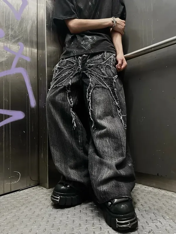 Vintage Y2K Baggy Jeans Splicing embroidery Pattern high quality jeans Hip Hop Gothic Streetwear men women Casual wide leg jeans — image 8