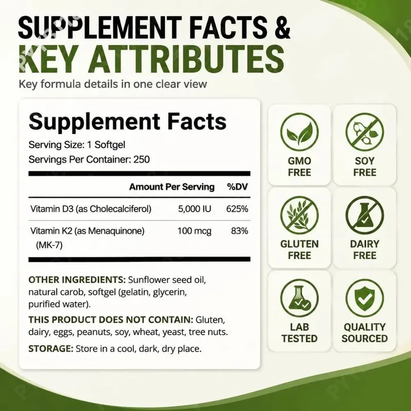 Vitamin D3 K2 Softgels with MK-7 5000 IU Vitamin D3 and 100 mcg Vitamin K2 for Daily Heart Bone & Immune Support 250 Softgels — image 3