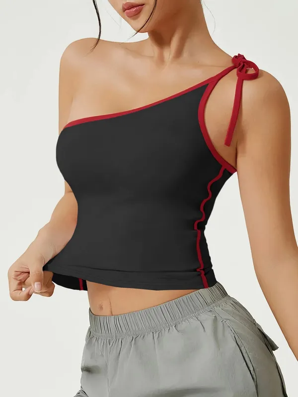 Asymmetric One Shoulder Tie Strap Tank Top Women Red Contrast Trim Slim Fit Crop Cami Summer Y2K Sleeveless Vest — image 3