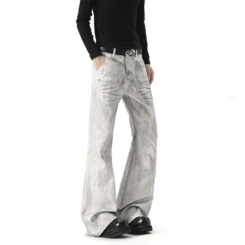 Men White‑Grey Washed Flare Jeans Embossed Pattern Rivet Decor Loose Floor‑Length Y2K Streetwear Denim Trousers 9X4397 — image 2