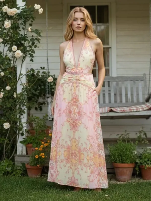 Floral Print Halter Dress Women Chic V-neck Sleeveless Backless Waist-cinching Maxi Dresses 2026 New Summer Lady Vacation Robes — image 2