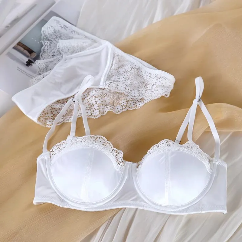 Sexy Lace Trim Half Cup Bra Thin 1/2 Cup Girly Comfort White Lingerie Set Large Size Women Bralette Underwear Sets — image 9