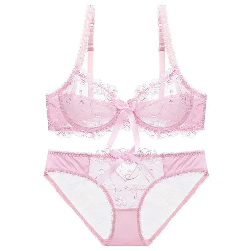 Lace Push Up Bra Set Breathable PantiesThin Mesh Cup Transparent Behalf Lingerie Bow Embroidery Flora Soutien Gorge — image 4