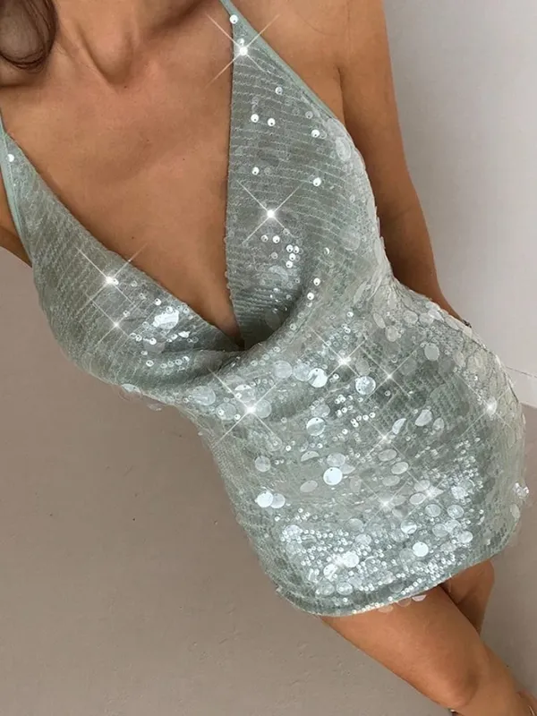 Women Chic Sequin Spaghetti Strap Mini Dress Lightweight Sexy Lace Trim Slimming Sleep Dresses 2026 Summer Beach Vacation Wear — image 6