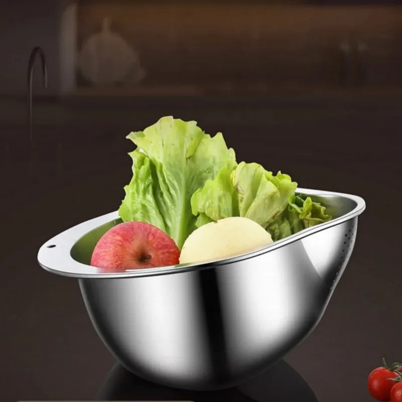Stainless Steel Rice Washing Bowl with Drain Holes 2-in-1 Vegetable Fruit Strainer Colander Basket for Kitchen Sink — image 4