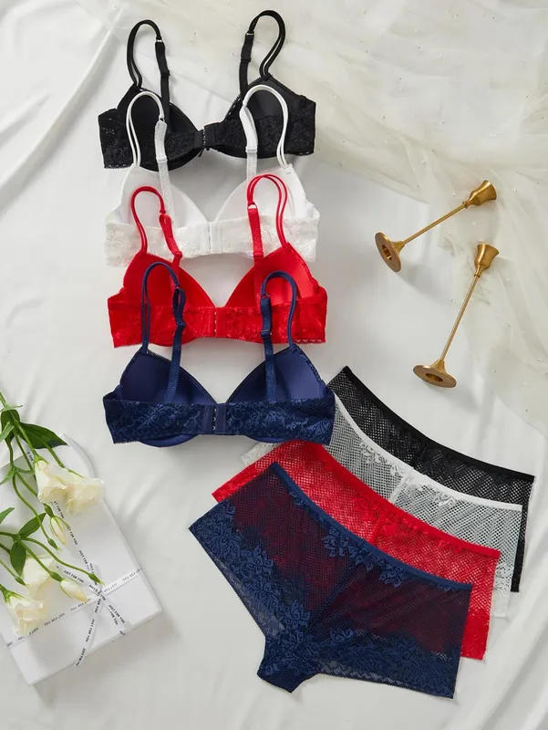 4PCS Women Floral Lace Lingerie Set Underwire Push Up Bra Sheer Mesh Breathable Panties Soft Comfort Sexy Underwear — image 2