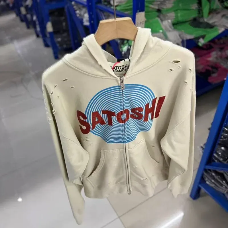 New Arrival Satoshi Zip Hoodie Destroyed Hole Design Loose Cotton Casual Outdoor Jacket Tops — image 22