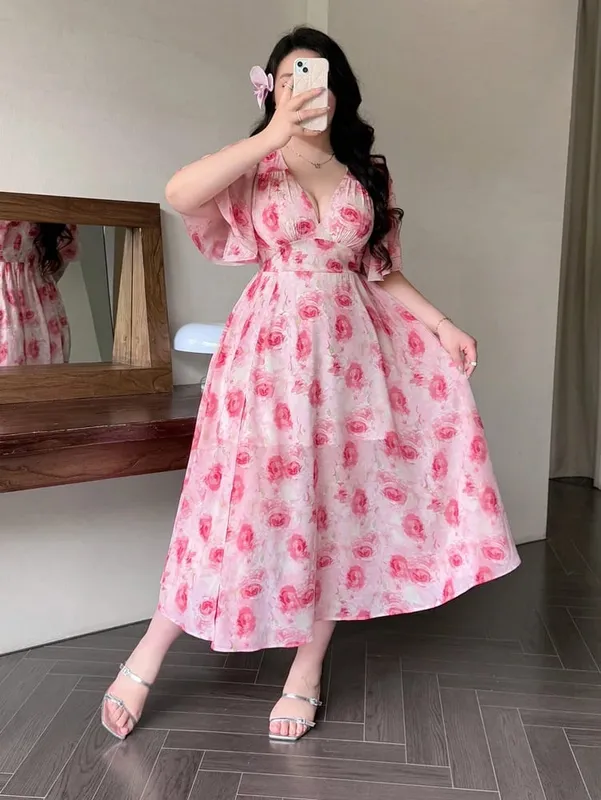 Plus-Size Spring/Summer Romantic Print Fitted Ruffled-Sleeve Slit Maxi Dress—Sweet Everyday Style Perfect for Dates — image 4