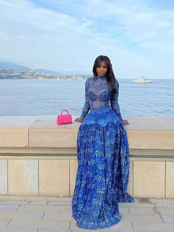 Royal Blue Dress for Women Mid-turtleneck High Waist Transparent Light Long Dress with Sleeves Streetwear Pleated Maxi Dress — image 6