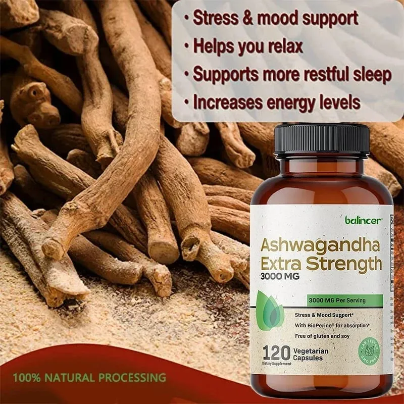 Natürliche Ashwagandha-Stress- und Stimmungslinderung, pflanzliche vegetarische KSM-66-Kapseln, Anti-Angst-Stresslinderung, Gehirngesundheit — image 3
