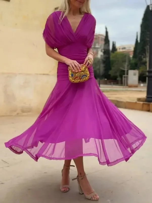 Women Solid Deep V-neck Mesh Long Dress Elegant Puff Short Sleeve Ruched Waist High Vestidos 2026 Summer Lady Casual Street Robe