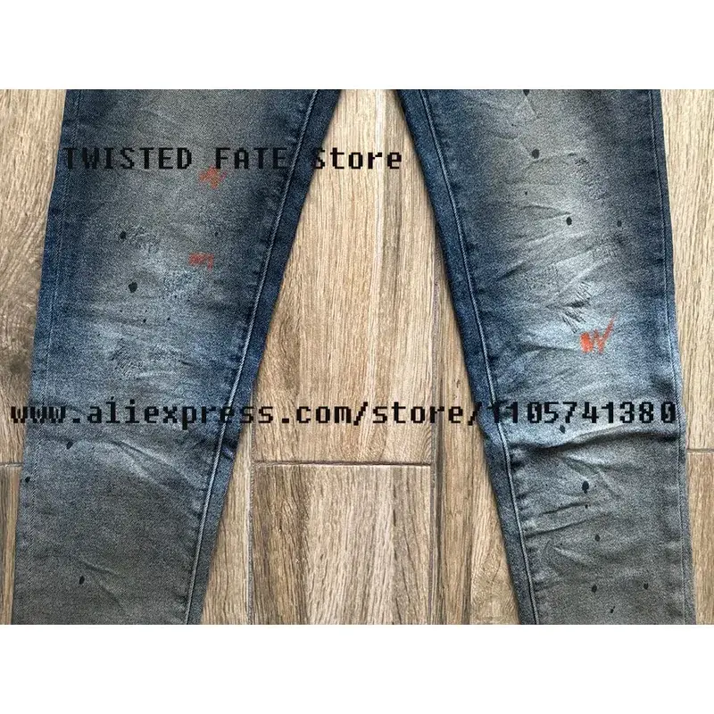 Men's American High Street Distressed Dirty Washed Indigo Spray Painted Stretch Skinny & Slim Fit Graffiti Streetwear Jeans — image 6
