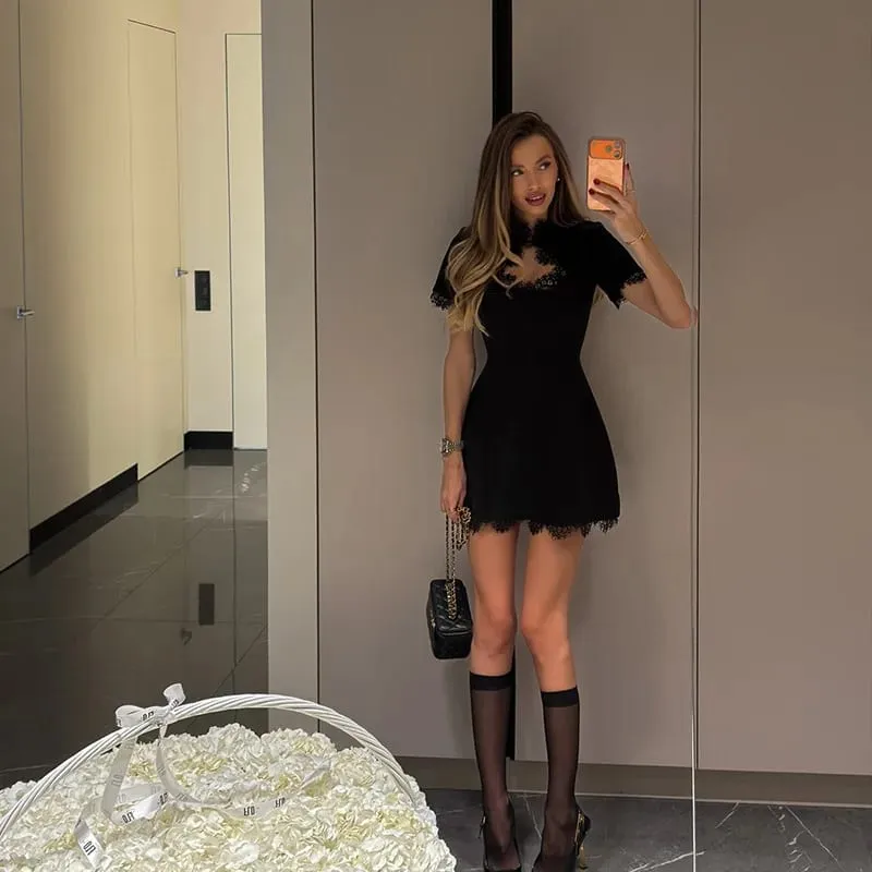 Sexy Women's Mini Dresses Patchwork Short Sleeves Lace Hollow Out Slim Fit Trend Baisc Turtleneck Streetwear Female Robe — image 5