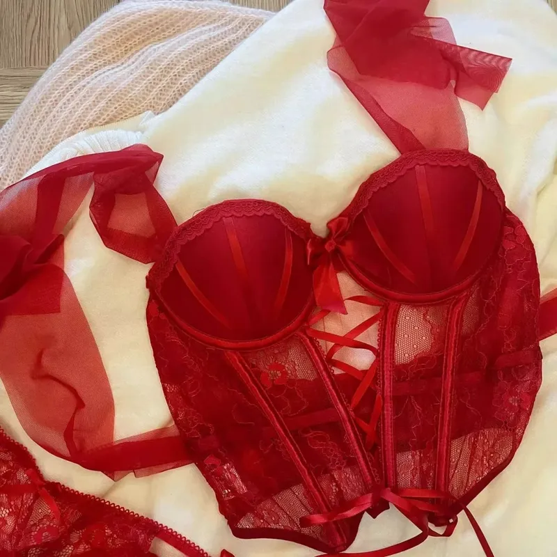 Lace Thin X Sexy Fishbone Bra Set with Small Chest Gathered and Anti Sagging Support Comfortable Soft Steel Ring Bra Set — image 6