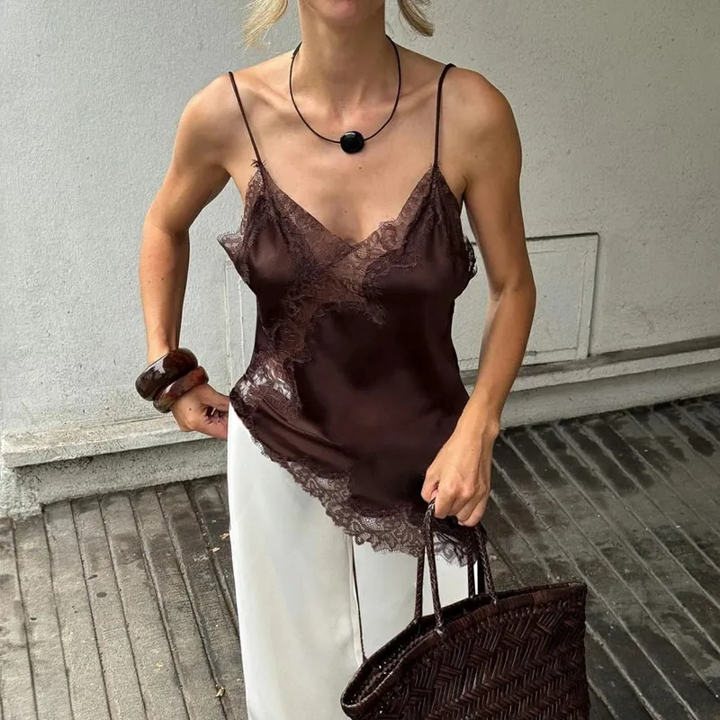 Combhasaki Women Floral Lace Trim Satin High Low Vest Silk Spaghetti Strap Side Split Asymmetrical Cami Flowy Silky Layering Top — image 17
