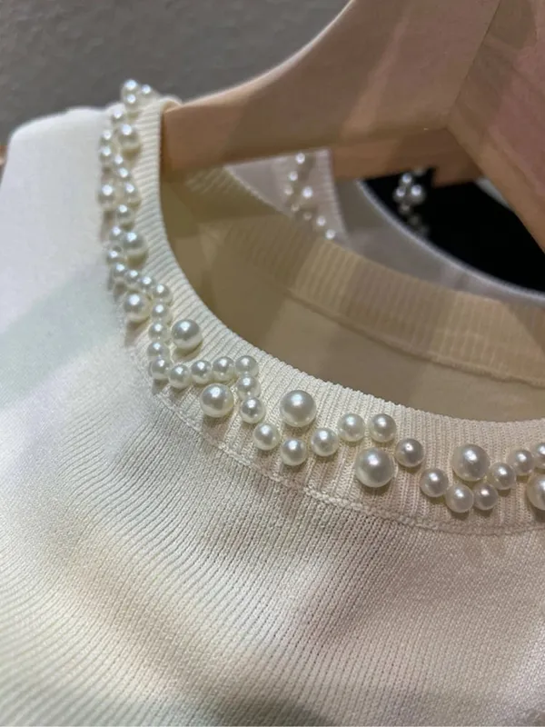 White Women Camisole 2026 New Summer Slim Thin Ice Silk Knit Vest Trendy Beaded Decor O-Neck Sleeveless Tank Top — image 6