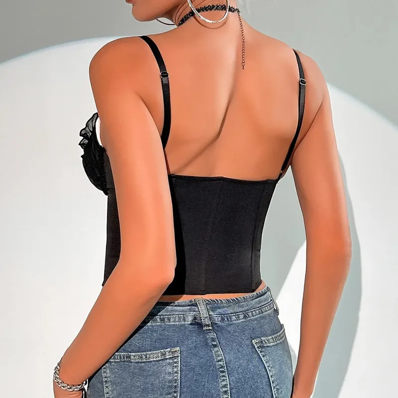 Sexy topy s výstřihem do V Y2K Crop Tops Krajka Patchwork Skládaný korzet s mašlí Sexy štíhlá košilka bez zad Tvar těla Rybí kost Prsatější — image 7