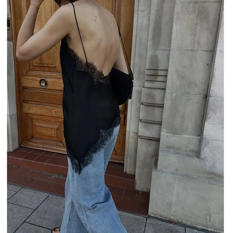 Women Sexy Satin Lace Trim Cami Tops Silk V Neck Spaghetti Strap Tanks Tops Y2k Coquette Loose Going Out Camisoles Streetwear — image 4