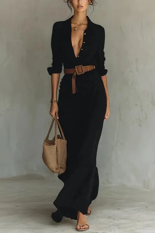Pakaian Pesta Percutian Pepejal Fesyen Wanita Butang Lapel Elegan Berbalut Pakaian Panjang Kasual Padanan Lengan Panjang Dengan Pakaian Baju Tali Pinggang — image 8