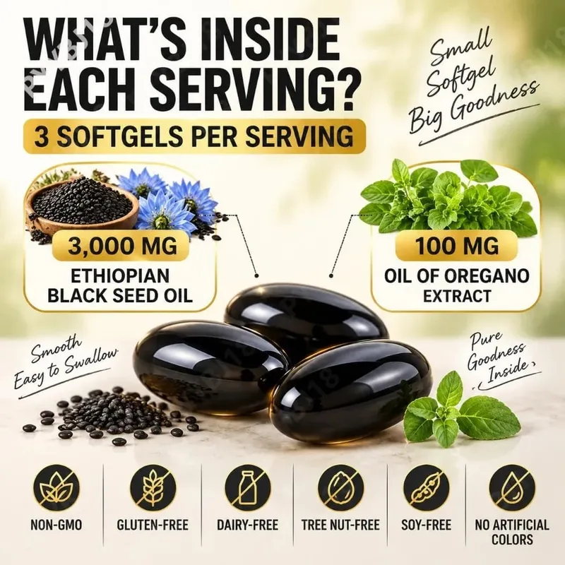 Minyak Habbatus Sauda Ethiopia 3000Mg Kapsul Gel Lunak dengan Minyak Oregano Mendukung Kesehatan Kekebalan Tubuh, Keseimbangan Pencernaan & Vitalitas Harian 120 Hitungan