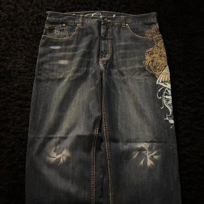 Fashion high street new pattern embroidered men jeans Y2K Gothic Harajuku hip-hop straight high waist wide leg pants — image 8