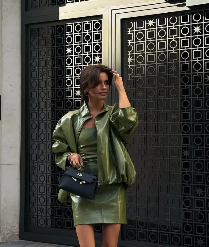 Vintage Green Leather Skirt Sets Women Fashion Solid Strapless Short Skirts Zipper Jacket Outfits Lady Daily Highstreet Outfit — image 4