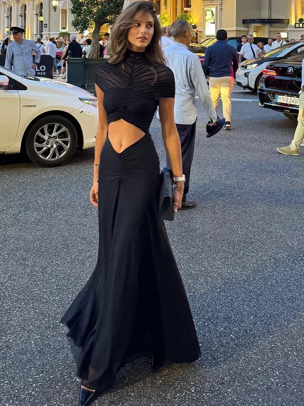 MO Sexy Hollow Out Turtleneck Women Maxi Dress Coffee Short Sleeve See Through Mesh Bodycon Elegant Party Evening Dress — image 5
