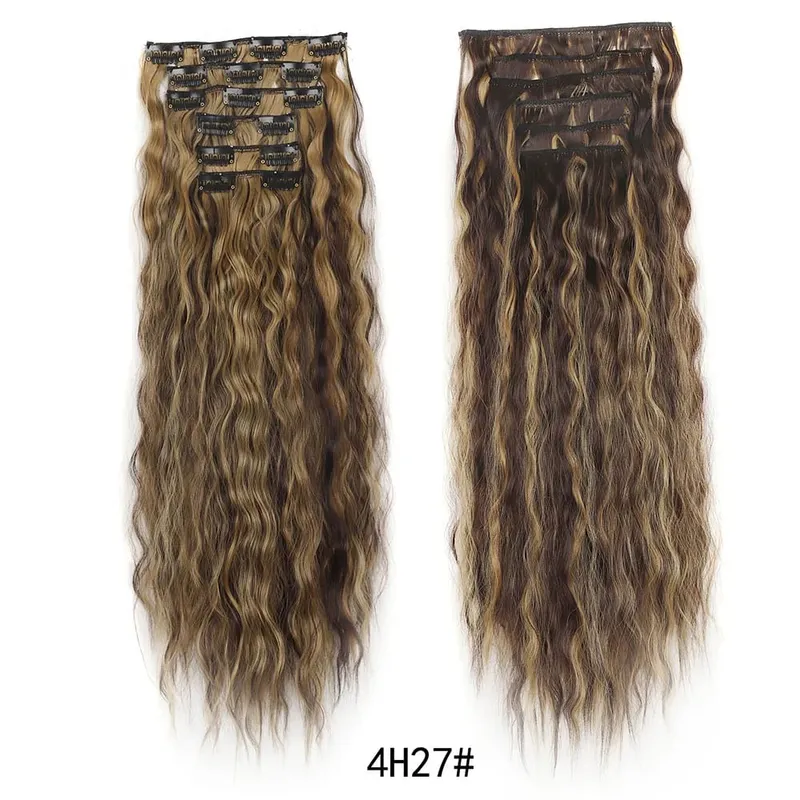 Clip in Synthetic Hair Extensions Brown Blonde Color Mermaid Waves Synthetic Hair Pieces for Women 6pcs Set