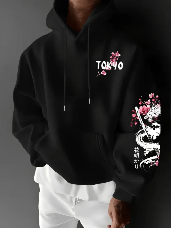 Dragonmönstrad pullover i anime-stil med körsbärsblomstryck för vintervärme, lös och avslappnad stil — image 3