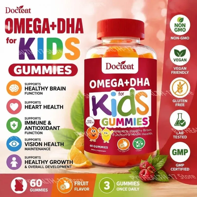Docteat Omega+DHA Kids Gummies with DHA From Algae Vitamin C and Chia Oil Omega-3 6 9 for Brain & Vision Support 60 Gummies — image 1