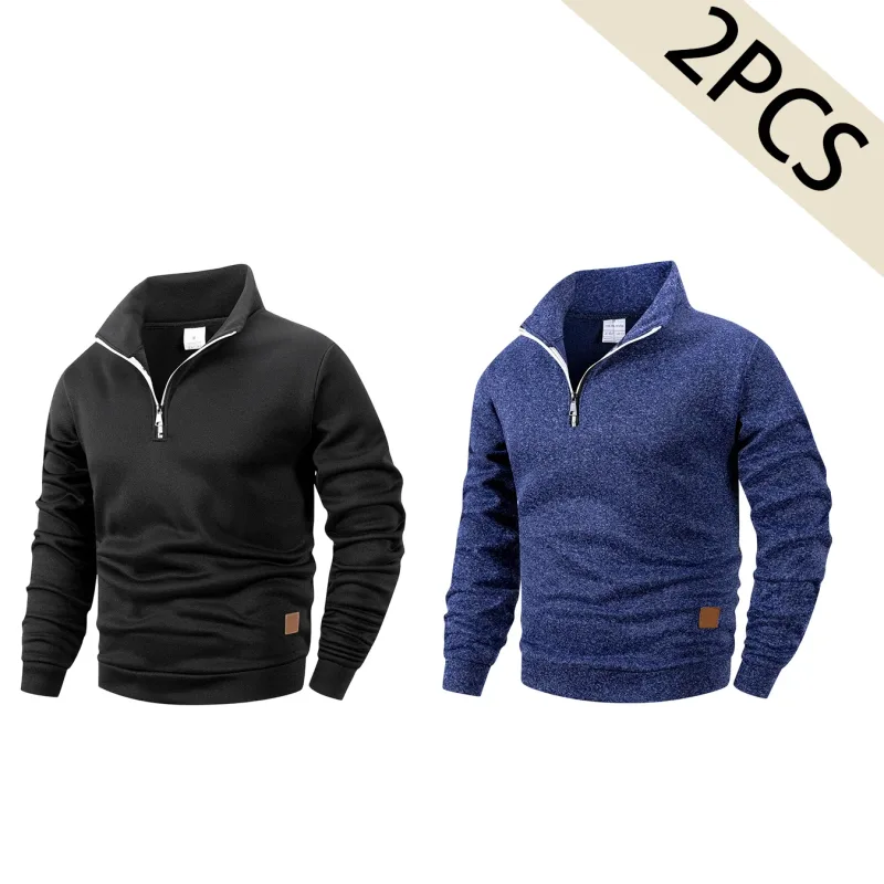 2Pcs Set Men 1/4 Zip Mock Neck Sweatshirt, Fleece Lined Pullover with Ribbed Cuffs Warm Casual Top for Fall Winter Daily Wear — image 1