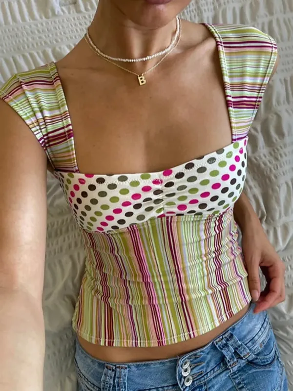 Summer Women Y2k Cottage Tank Top Vintage Plaid/Stripes Print Square Neck Cami Crop Top Party Club Vest 00s Retro Shirt — image 1