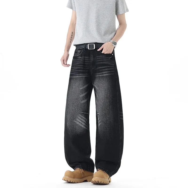 Men 2026 New American Curved Cut Jeans Fall Winter High Street Washed Whiskering Wide Leg Vintage Loose Denim Trousers — image 9