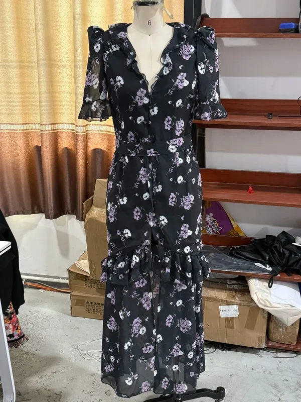 Women Floral Print Chiffon Maxi Dress Romantic Deep V-neck Flutter Sleeve High Low Lace Trim Dress 2026 Summer Elegant Lady Gown