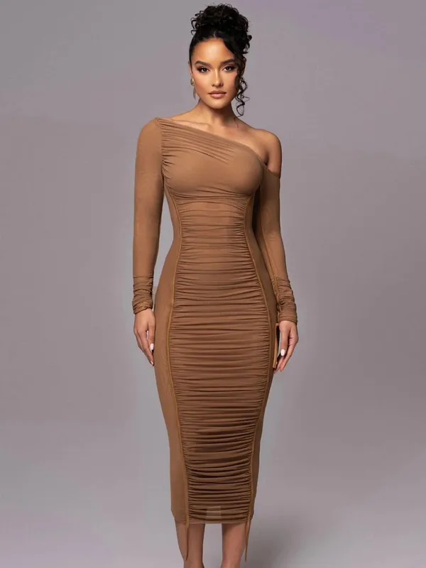 Hugcitar Mesh Kolar pepenjuru Pepejal Lengan Panjang Terbungkus Seksi Gaun Maxi Bodycon Terlihat Melalui Kelab Pesta Pakaian Fesyen Musim Panas — image 9