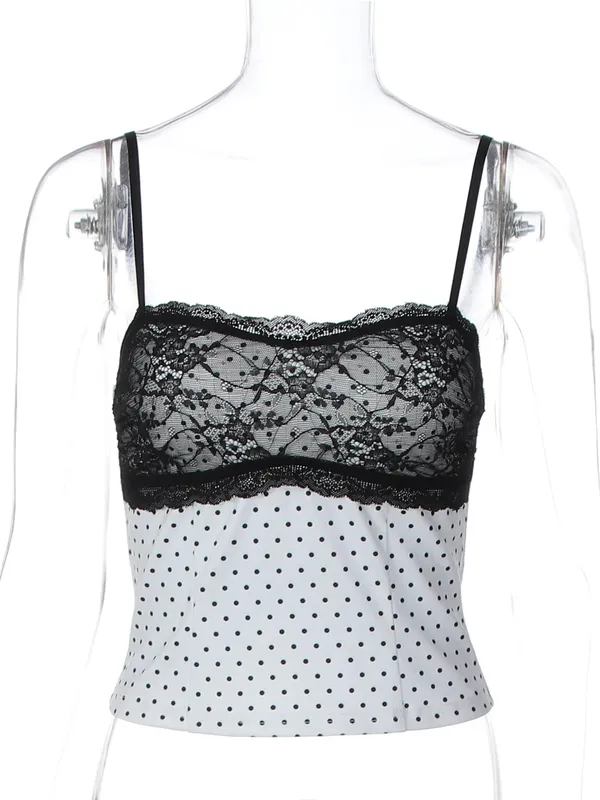 Dulzura Polka Dot Sexy Backless Lace Patchwork Crop Camisole Women'S Vintage Casual Y2K Top Vacation Beach Style Summer Clothes