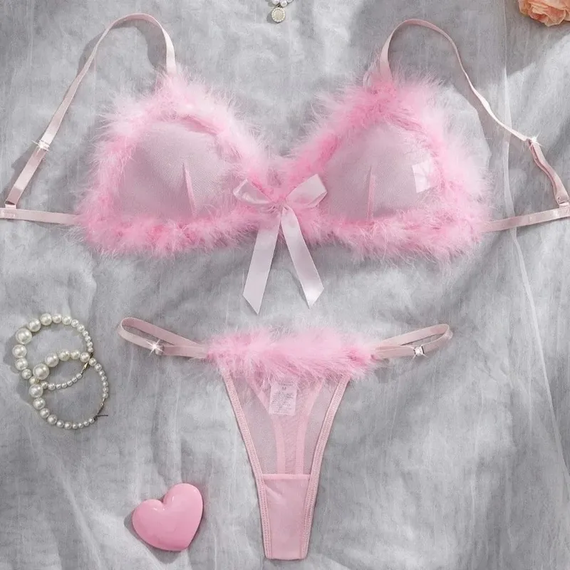 Underclothes Furry Women's Underwear Mesh Transparent Wireless Lingerie Set Bow Decor Romantic Intimate Bra Panties Suit Home — image 3