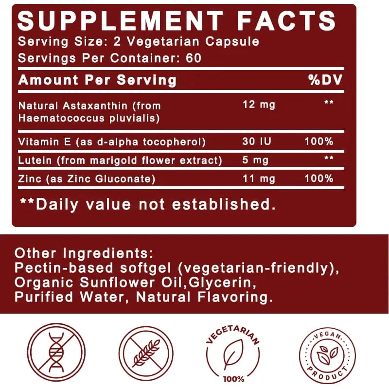 Astaxanthin Complex Capsules 12mg for Brain Heart Joint Bone Eye Skin Immune System Health