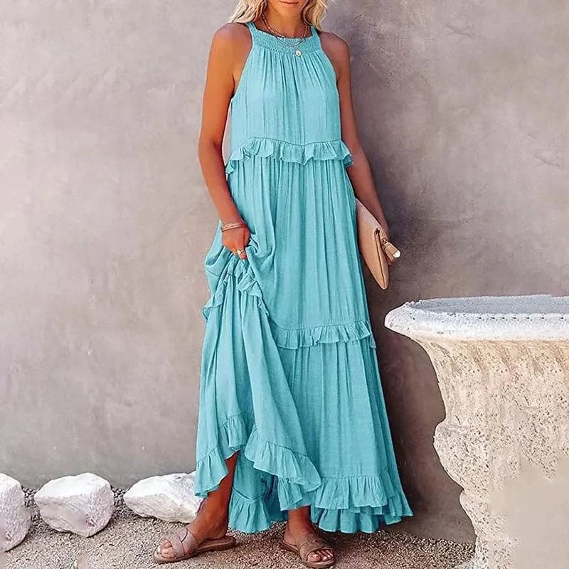 Women Casual Solid Ruffles Long Dress Summer Elegant Sleeveless Sundress Elegant Harajuku Maxi Dress Beach Party Evening Vestido — image 11