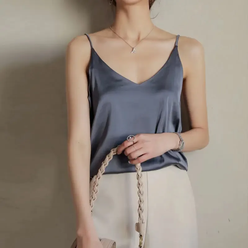 Women Halter V Neck Basic White Cami Spaghetti Strap Top Sleeveless Satin Silk 2026 Tank Tops Women'S Summer Camisole — image 15