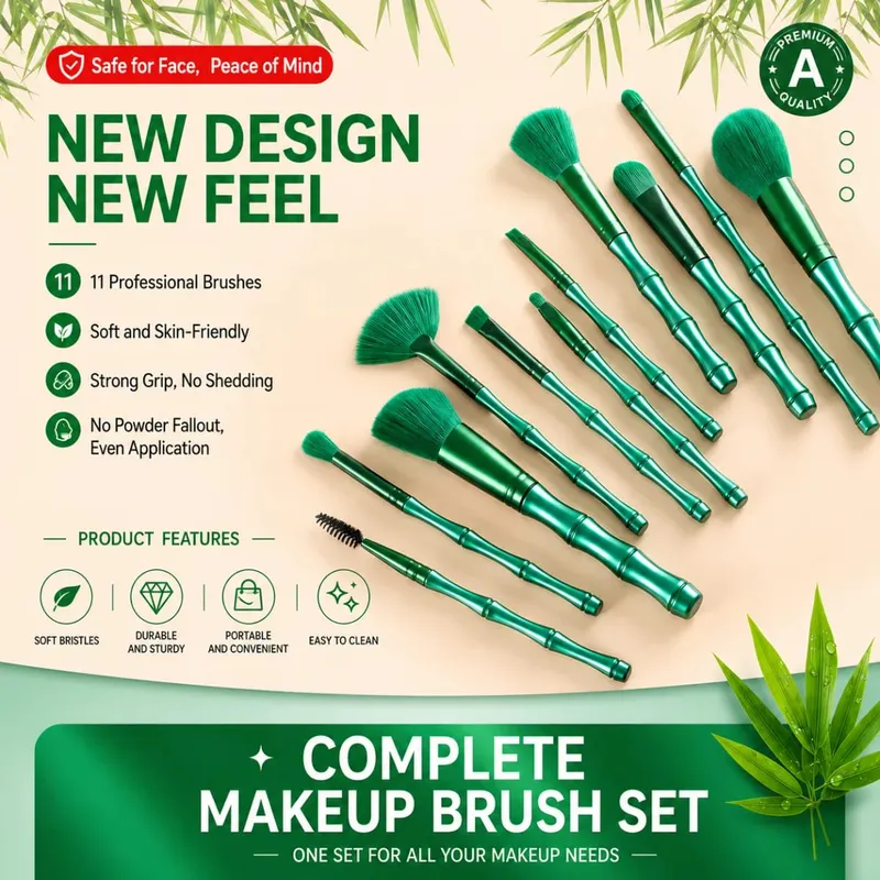 11Pcs Bamboo Makeup Brushes Kit Soft Dense Hair Multifunctional Brush Set Foundation Face Powder Eyeshadow Blush — image 2