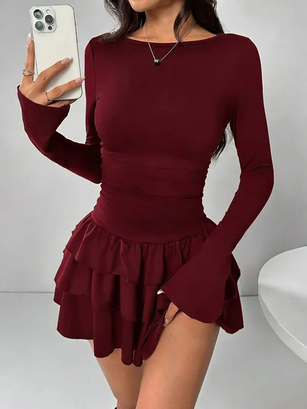 Temperament Dresses 2025 Woman Mini vestidos Simple Style Elegant French Bodycon Slim Pleated Fashion Long Sleeve Commuting Sexy