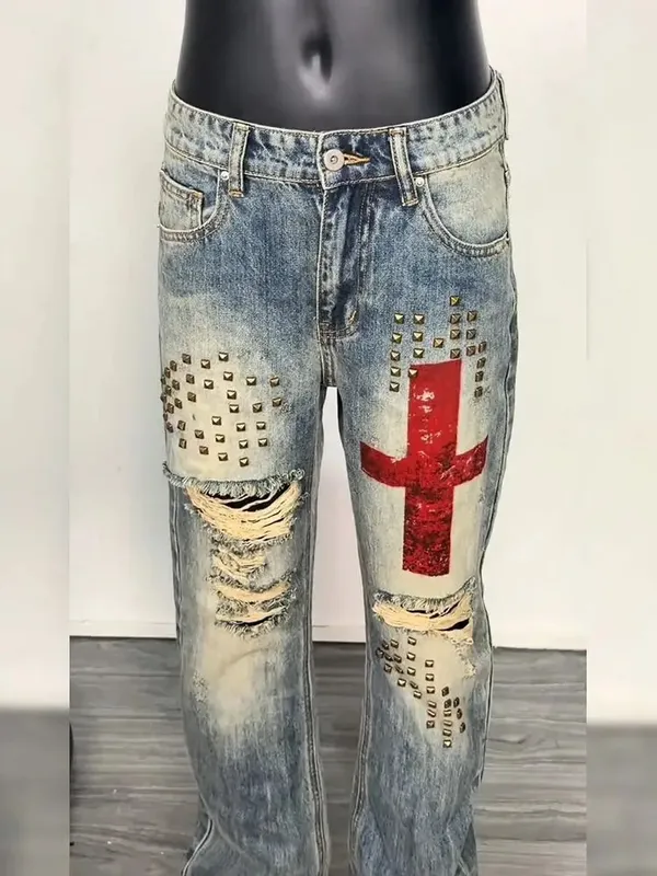 Men's Rivet Hole Design Street Retro Jeans Casual Pant Vintage Boys Straight Unisex Sweatpants Male High Waist Wide Leg Trousers — image 4