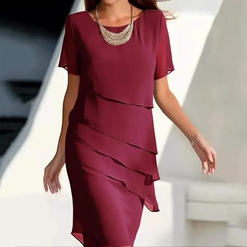Women's Party Dress Chiffon Short Sleeve Round Neck Layered Asymmetrical Hem Formal Cocktail Dress — image 3