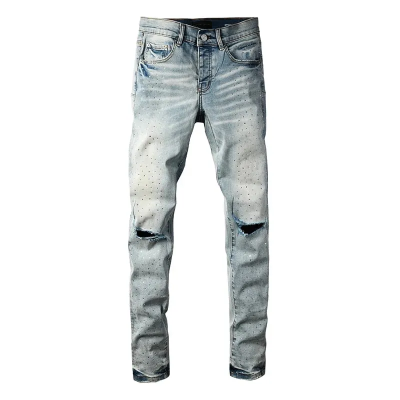 Men's Washed Distressed Skinny Ripped Jeans Light Blue Rhinestone Decor Button Fly High Street Style — image 8