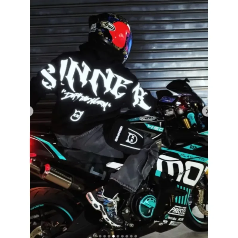 Herren Gothic Sinner Defy The Moon Print Übergroßer Kapuzenpullover Schwarz Streetwear Motorradfahren Lässiger Pullover Kapuzenpullover — image 7