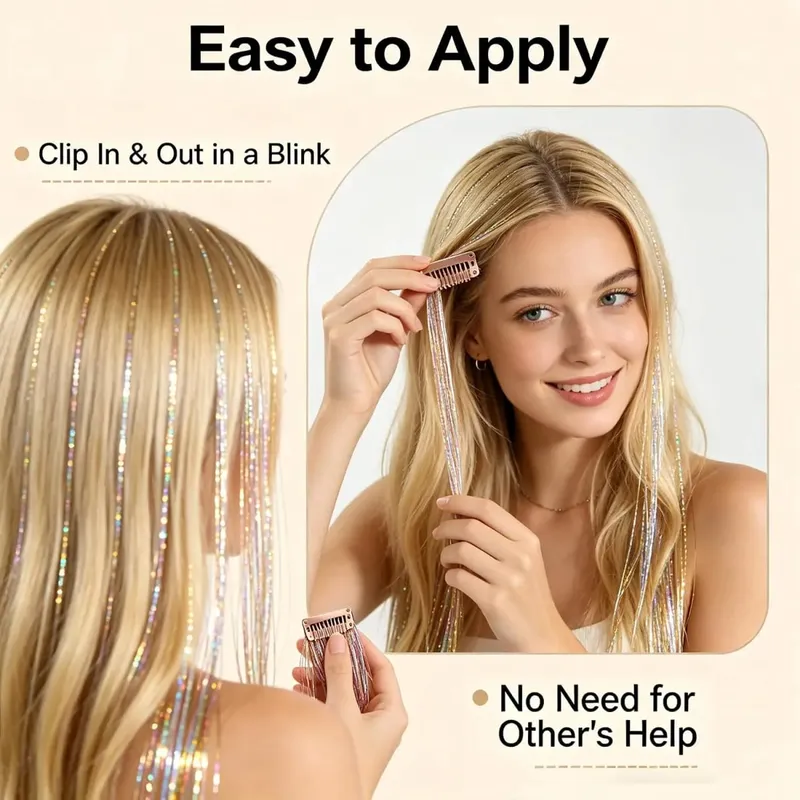 12 Pcs Clip in Hair Tinsel Sparkly Glitter Fairy Hair Extensions Shiny Hair Accessories For Girls Women Kids Party Festival — image 7